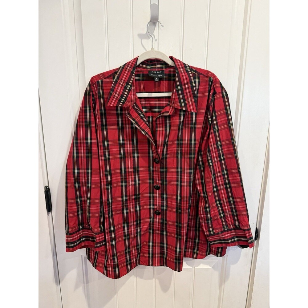 Foxcroft Women’s 24W Red Black Tartan Plaid Wrinkle Free Shaped Fit 3/4 Sleeve